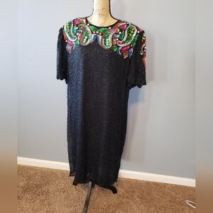 Carina 100% silk vintage midi beaded short sleeve dress colorful paisley 3X